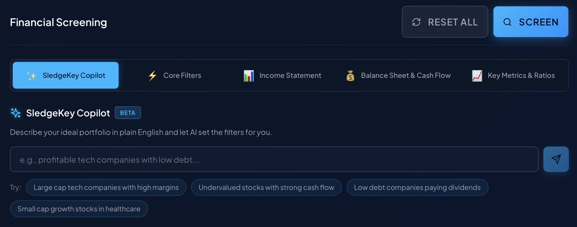 SledgeKey stock screening interface with financial metrics filters