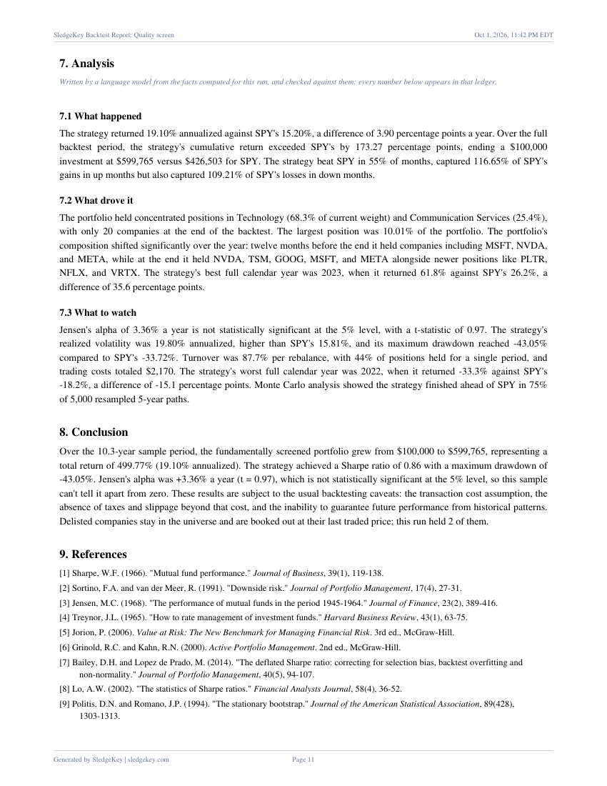 Sample report page 11: the AI analysis, which says the alpha is not statistically significant