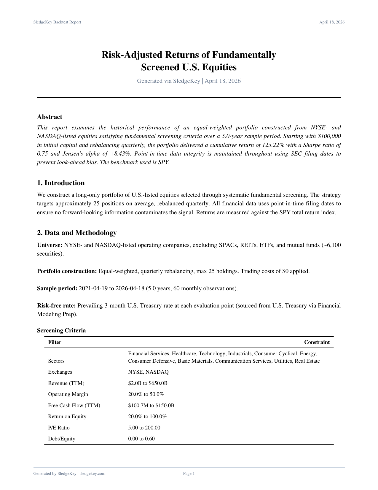 Sample report page 1: abstract and screening criteria